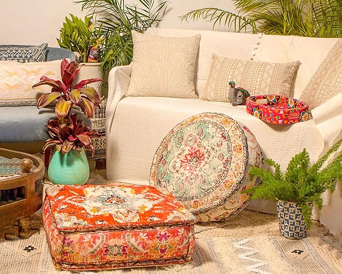 Mandala Life ART Large Floor Pillow Cover Yellow Round Pouf Ottoman Indian Floor Cushion Boho Chic Perfect Vintage Cushion for Living Room, Bedroom, Nursary or Children Room Cotton 24x8 Unstuffed