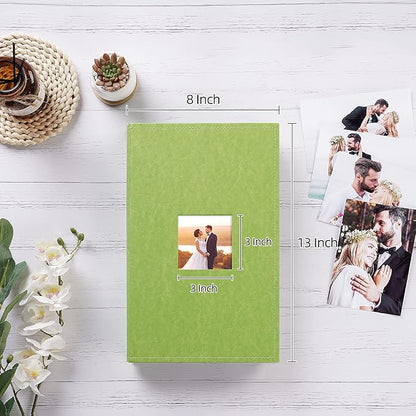 potricher Small Photo Album 4x6 300 Photos Leather Cover Picture Book with 300 Horizontal Pockets for Family Wedding Anniversary and Baby (Green)