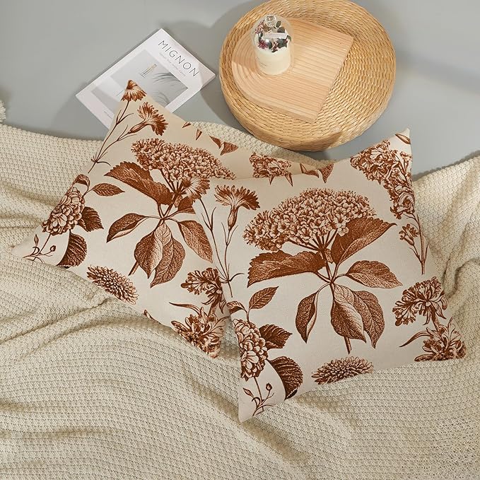 Orange Pillow Covers 18x18 Set of 2 Vintage Boho Floral Hydrangea Herbs Botanical Fall Throw Pillows Fall Outdoor Decoration Pillowcase Linen Farmhouse Cushion Case Decorative for Couch Sofa