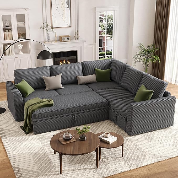 GarveeHome Sectional Sleeper Sofa with Pull Out Bed, Corduroy Modular Sectional Sofa L Shaped 5 Seat Couch with Pull Out Couch and Storage Seat, Convertible Sectional Couches for Living Room