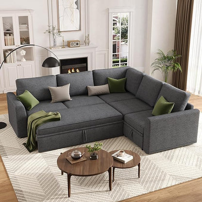 GarveeHome Sectional Sleeper Sofa with Pull Out Bed, Corduroy Modular Sectional Sofa L Shaped 5 Seat Couch with Pull Out Couch and Storage Seat, Convertible Sectional Couches for Living Room