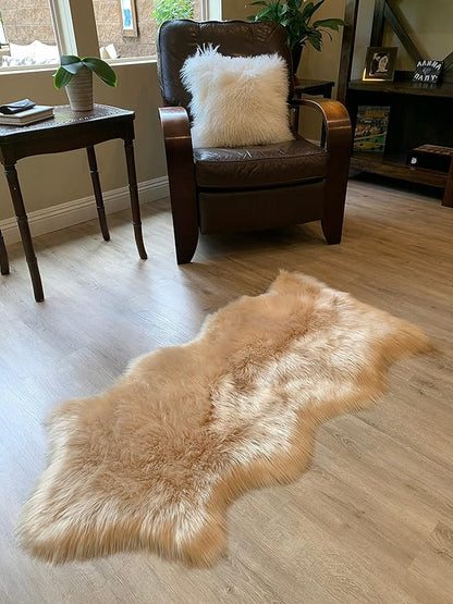 LAMBZY Faux Sheepskin Super Soft Hypoallergenic Silky Shag Rug for Living Room, Kids Room, Sofa (Single and a Half 2'x4'6", Beige)