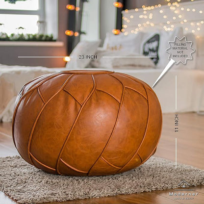 Moderner Faux Leather Pouf Unstuffed Ottoman Moroccan Footstool, Floor Footrest Cushion, Storage Solution - Natural Brown Color