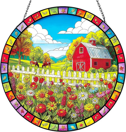 Stained Glass Window Hanging, Countryside Scenery Sun Catchers Stained Glass Panel for Indoor Windows Wall Art Decor, Birthday Gift for Mom Women Wife Men Lovers (7.87 Inch)