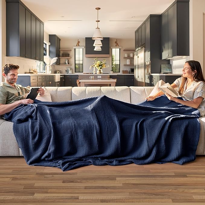 Bedsure Gentlesoft 100% Cotton Blanket King Size for Bed - Breathable and Soft, Thick Cozy Waffle Weave Christmas Blanket Gift for Women, Pageant Blue, 104x90 inches