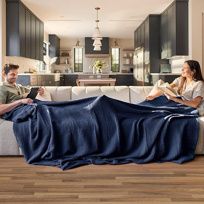 Bedsure Gentlesoft 100% Cotton Blanket King Size for Bed - Breathable and Soft, Thick Cozy Waffle Weave Christmas Blanket Gift for Women, Pageant Blue, 104x90 inches