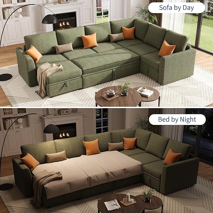 GarveeHome Sectional Sleeper Sofa with Pull Out Bed, Corduroy Modular Sectional Sofa U Shaped 7 Seat Couch with Pull Out Couch and Storage Seat & Ottoman, Convertible Couches for Living Room