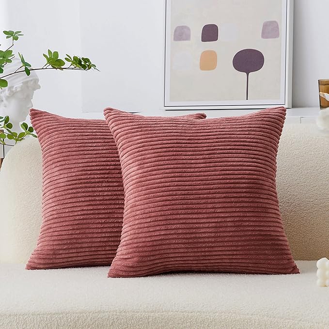 Home Brilliant 26x26 Pillow Covers Euro Shams Cover Large Solid Striped Corduroy Euro Throw Pillow Cushion Cover Sham for Patio, 26 x 26 inch, Dry Rose Pink