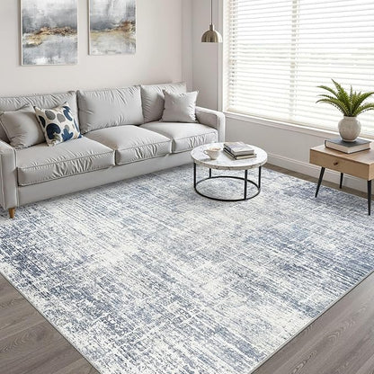 12x15 Area Rug Living Room: Washable Large Neutral Blue Rugs Abstract Soft Modern Stain Resistant Indoor Floor Non-Slip Carpet for Bedroom Nursery Kids Office Playroom Dining Room Under Table Home