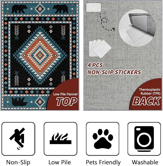Native Amrican Rug 5x6 - Southwestern Bear Cabin Area Rugs for Bedroom Living Room, Rustic Bohemian Machine Washable | Non-Slip | Soft Carpets, Southwest Room Decor (Teal Orange Black)