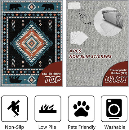 Native Amrican Rug 5x6 - Southwestern Bear Cabin Area Rugs for Bedroom Living Room, Rustic Bohemian Machine Washable | Non-Slip | Soft Carpets, Southwest Room Decor (Teal Orange Black)