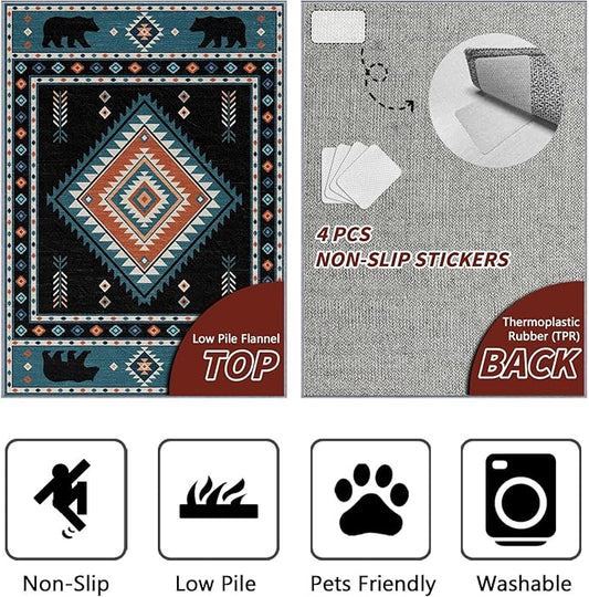 Native Amrican Rug 4x6 - Southwestern Bear Cabin Area Rugs for Bedroom Living Room, Rustic Ethic Machine Washable | Non-Slip | Low Pile Carpets, Southwest Home Decor (Teal Orange Black)