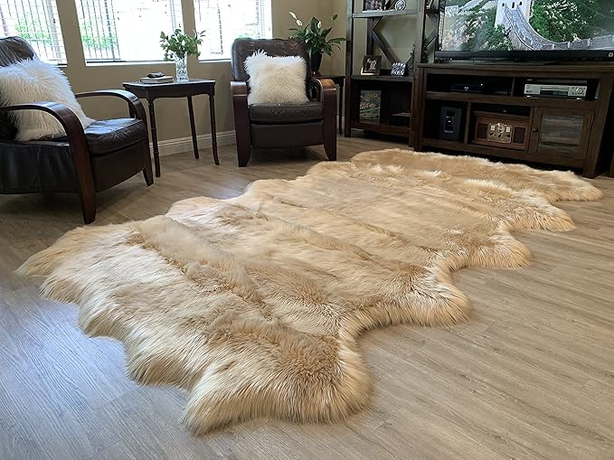 LAMBZY Faux Sheepskin Super Soft Hypoallergenic Silky Shag Rug for Living Room, Kids Room, Sofa (Decto 10 Pelts 6'x10', Beige)