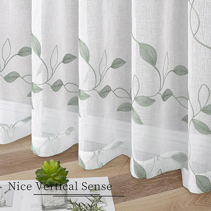 Tollpiz Sage Green Leaf Sheer Curtains Leaves Embroidered Bedroom Short Curtain Rod Pocket Voile Window Treatment for Living Room, 38 x 54 inches Long, Set of 2 Panels