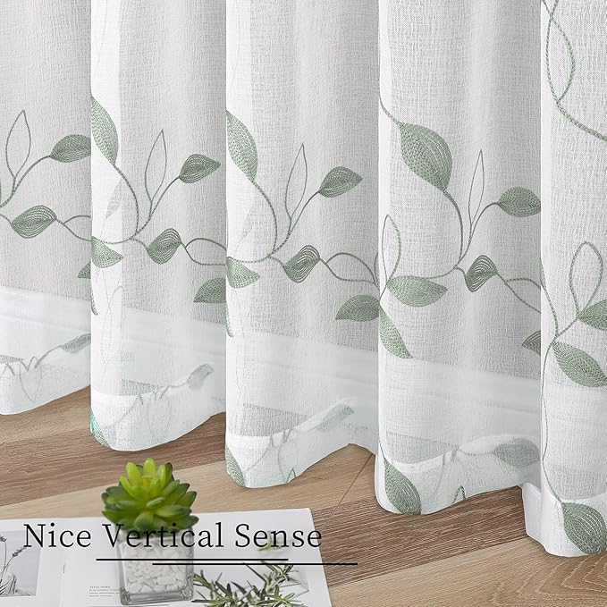 Tollpiz Sage Green Leaf Sheer Tier Curtains Leaves Embroidered Kitchen Short Curtain Rod Pocket Voile Bathroom Curtains for Cafe, 30 x 24 inches Long, Set of 2 Panels