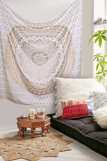 raajsee Mandala Tapestry - Boho Wall Art - 30x40 Inches - White Gold - Bedroom Decor
