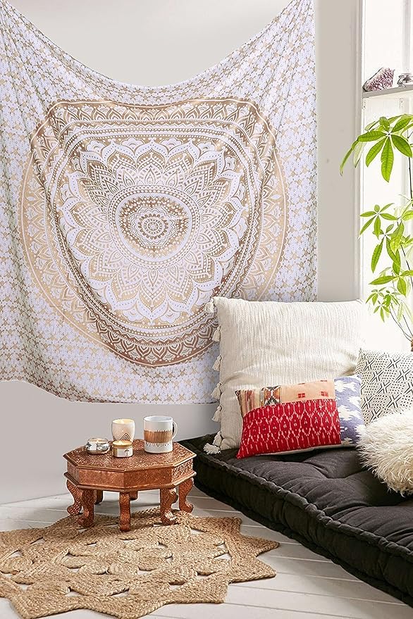 raajsee Gold Mandala Tapestry Bedroom Aesthetic - Indie Wall Tapestries Hippie Room Decor - Boho White Trippy Wall Hanging - Golden Mandalas Wall Art 52x82 inches