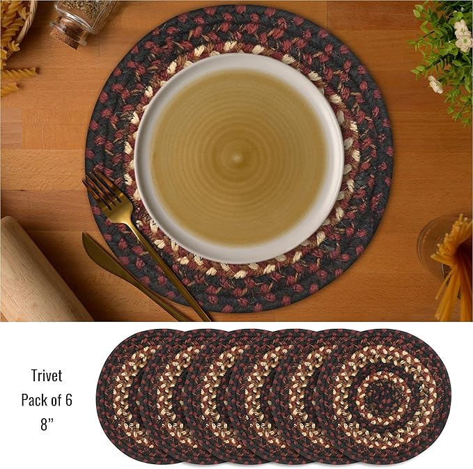 Homespice Prescott Jute Woven Trivets for Kitchen - Set of 6 - Round 15", Black & Red - Rich Colors, Easy to Clean, Durable and Protects Furniture