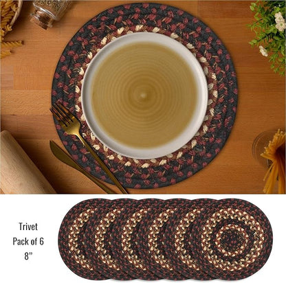 Homespice Prescott Jute Woven Trivets for Kitchen - Set of 6 - Round 15", Black & Red - Rich Colors, Easy to Clean, Durable and Protects Furniture