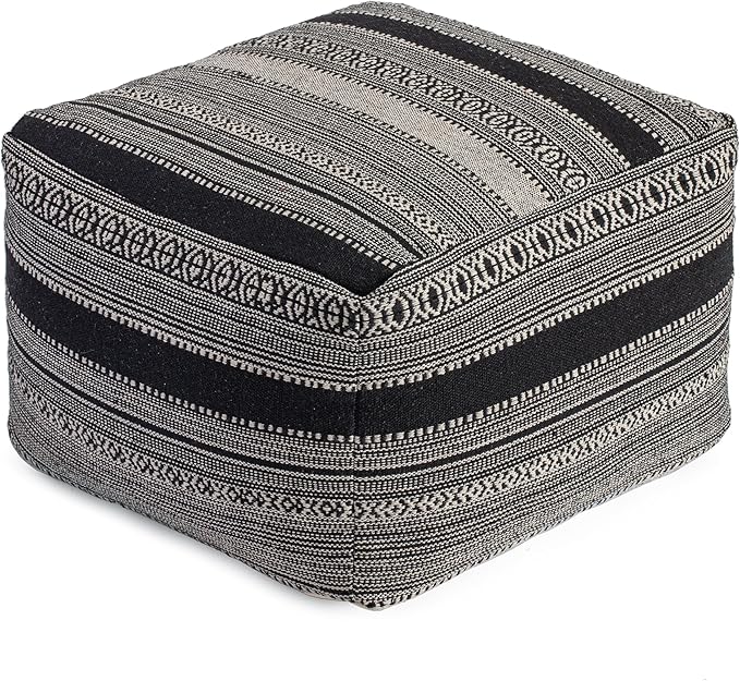 Anji Mountain 100% Handmade & Handcrafted Comfortable Home Décor Pouf Ottoman Footrest for Living Room, Bedroom, Nursery, Kidsroom, Patio Furniture - (22" x 22" x 16"- Black,Ivory)