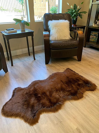 LAMBZY Faux Sheepskin Super Soft Hypoallergenic Silky Shag Rug for Living Room, Kids Room, Sofa (Single and a Half 2'x4'6", Brown)