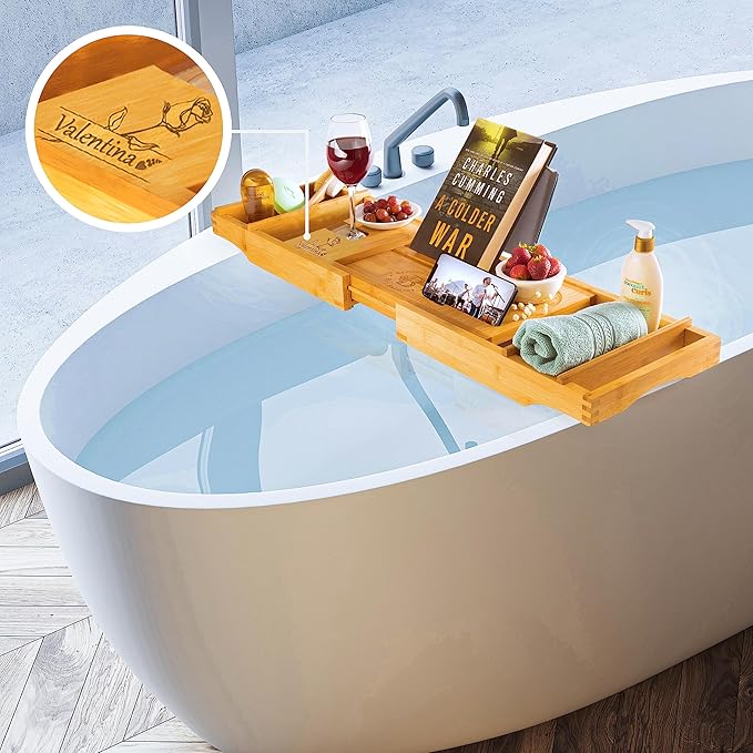 Personalized Bathtub Tray - Engraved Foldable Bamboo Bath Caddy, Tub Tray with Expandable Sides, Luxury Wooden Bath Table for Relaxation Spa - Customized Gift for Mom, Wife, New Home