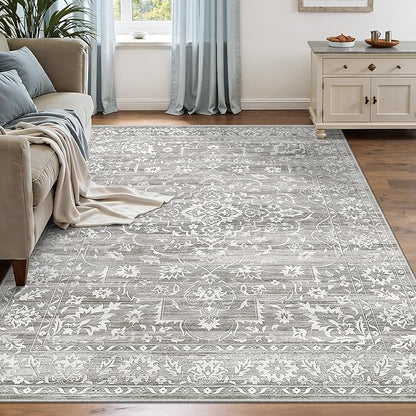 6x9 Area Rugs for Living Room, Stain Resistant Washable Rugs for Dining Room, Floral Vintage Non-Slip Gray Thin Area Rug(Grey, 6'x9')