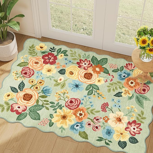 DUKINO 2x3 Entryway Rug, Floral Washable Indoor Door Mat with Non-Slip Backing, Soft Low Pile Small Front Door Throw Rugs for Entryway, Kitchen, Bedroom, Laundry, Bathroom, Green