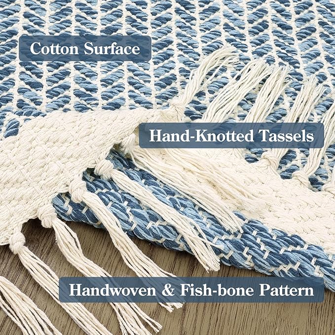 Lahome Boho Kitchen Runner Rugs, 2x6 Laundry Room Rug Lightweight Bathroom Runner Woven Cotton Throw Mat with Tassels, Farmhouse Washable Blue Rug Low Pile Runners for Hallways Entry