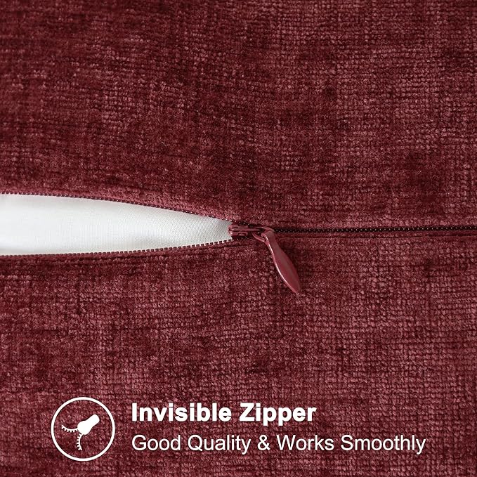 CaliTime Christmas Throw Pillow Covers Decorative 18 X 18 Inches Pack of 2 Cotton Thread Stitching Edges Solid Dyed Soft Chenille Cushion Cases for Couch Sofa Bed Living Room Farmhouse Burgundy
