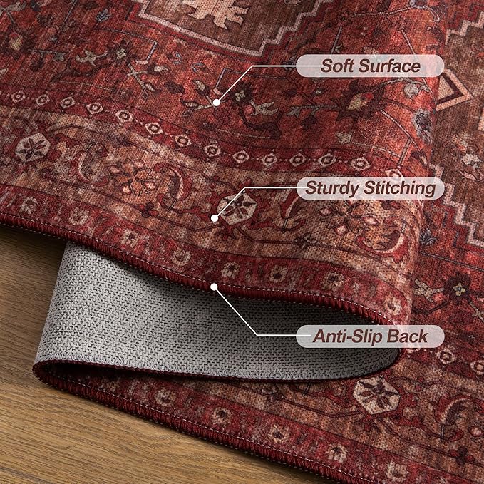 Tangsoo Washable Entryway Rugs 2x3 Vintage Non Slip Small Area Rug, Indoor Front Door Rug, Print Distressed Door Mat Indoor Entrance Soft Low Pile Throw Rug for Entry Kitchen Bedroom Dark Red