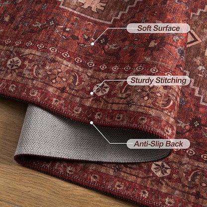 Tangsoo 2.6x10 Washable Hallway Runner Rug, Non Slip Vintage Runner Rug for Hallways, Soft Low Pile Long Rug Runner, Print Distressed Carpet Runners for Kitchen Bedroom Entryway Living Room Dark Red