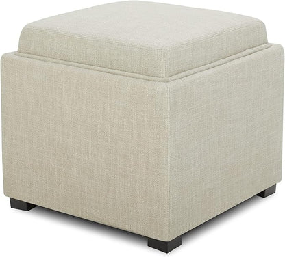 CHITA Storage Ottoman Cube with Tray Lid, Small Footstool with Storage, Square End Table for Living Room and Bedroom, Fabric in Linen