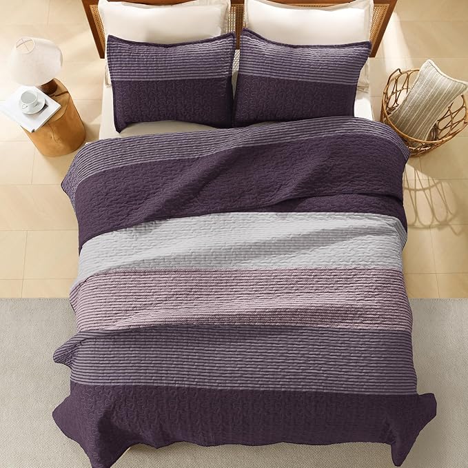 Litanika California King Quilt Set Purple and Grey - Cal King Oversized Stripe Comforter Bedspreads & Coverlets - Soft Lightweight Quilted Bedding Set for All Season(1 Quilt, 2 Pillowcases)