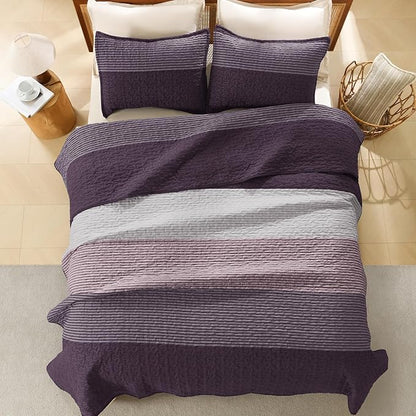 Litanika California King Quilt Set Purple and Grey - Cal King Oversized Stripe Comforter Bedspreads & Coverlets - Soft Lightweight Quilted Bedding Set for All Season(1 Quilt, 2 Pillowcases)