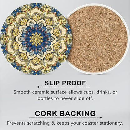 Mandala Set of 6 Coasters for Drinks Absorbing Round Ceramic Stone Coaster with Cork Base,Tabletop Protection Mat for Mugs and Cups,Office,Kitchen