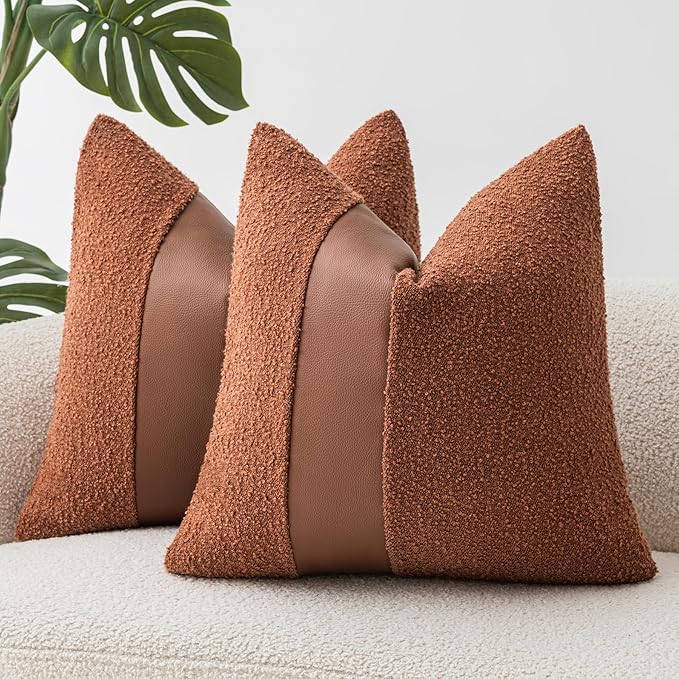18"x18" Rust Red Boucle Throw Pillow Covers with Faux Leather Accents Set of 2 Fluffy Textured Decorative Pillow Cases for Couch Bed Boho Farmhouse Square Cushion Covers for Nordic Home