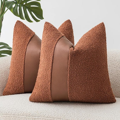 18"x18" Rust Red Boucle Throw Pillow Covers with Faux Leather Accents Set of 2 Fluffy Textured Decorative Pillow Cases for Couch Bed Boho Farmhouse Square Cushion Covers for Nordic Home