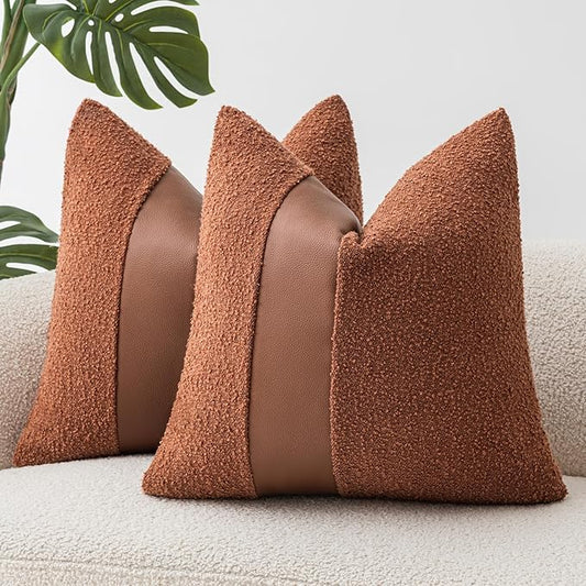 18"x18" Rust Red Boucle Throw Pillow Covers with Faux Leather Accents Set of 2 Fluffy Textured Decorative Pillow Cases for Couch Bed Boho Farmhouse Square Cushion Covers for Nordic Home