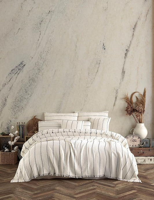 Bohemian 4 Layers Gauze Lightweight Throws,Cotton Muslin Throw Blanket,Breathable Coverlet, 4 Layer Bed Cover (Beige with Black Pinstripe, Oversized 100 x120 inches)