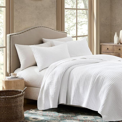 WDCOZY 100% Cotton Queen Size Quilt Set - White Striped Pick Stitch Soft Lightweight Bedspread, Textured Like Linen, Farmhouse Country Rustic Coverlet, Shabby Chic Gauze Bedding, 3 Pieces