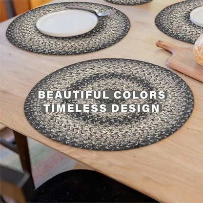 Homespice Flint Hill Jute Woven Round Placemats Set of 6, 15", Warm Primitive Decor, Grey Table Mats - Vibrant Colors, Durable, Easy to Clean and Protects Furniture