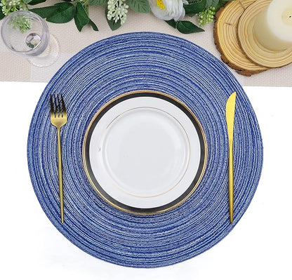 SHACOS Round Braided Placemats 15 inch Set of 6 Washable Kitchen Table Placemats for Home Wedding Party (Blue White, 6)