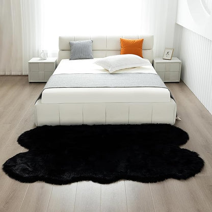 Fluffy Faux Fur Rug Black Sheepskin Area Rug,4x6 Ft Ultra Soft Shaggy Plush Rug for Bedroom Bedside Living Room Nursery Kids Room