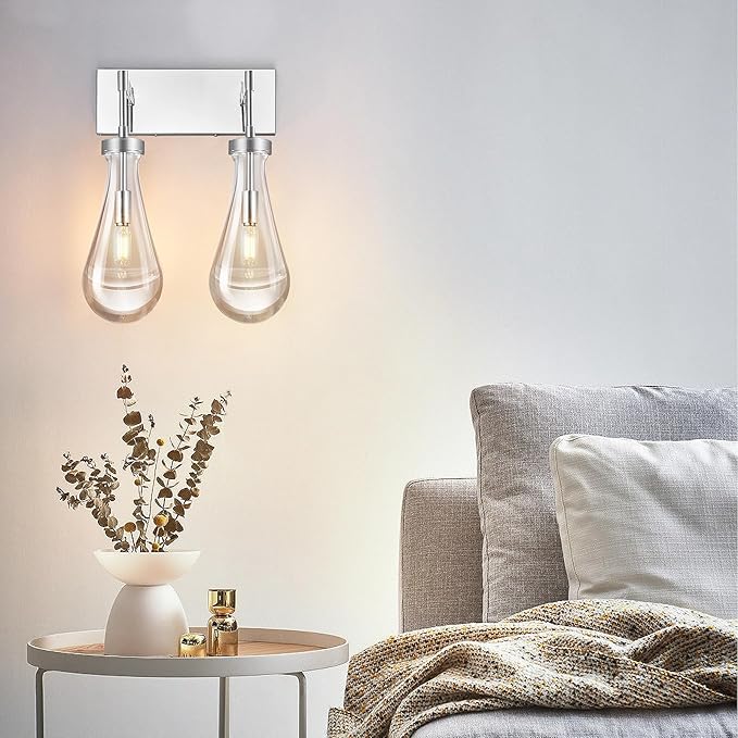 Raindrop Wall Sconces Chrome Crystal Sconces Wall Decor Modern Lighting Glass Bathroom Sconces Indoor Vanity Light Wall Lamp for Bedroom Living Room Stair(2-Light)