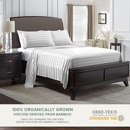 Pure Bamboo King Sheets, Genuine 100% Organic Viscose Derived from Bamboo Bed Sheet Set, Luxuriously Soft & Cooling, Double Stitching, 2 Year Quality Promise (King, Jacquard White)
