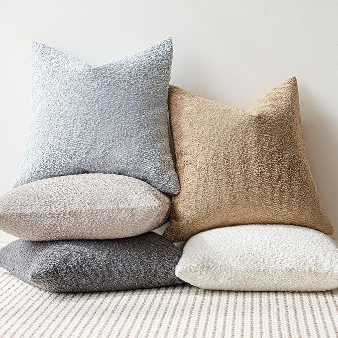 Foindtower Decorative Textured Boucle Throw Pillow Covers Accent Solid Pillow Cases Neutral Soft Cozy Couch Cushion Case for Chair Sofa Bedroom Living Room Home Decor 16x16 Inch,1PC,Light Blue