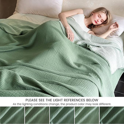 FALUCA Cotton Muslin Reversible Blanket Twin Size for Bed, Couch, Four Layers Blanket, Soft Lightweight Cozy Breathable Farmhouse Decoration for All-Season, Light Green