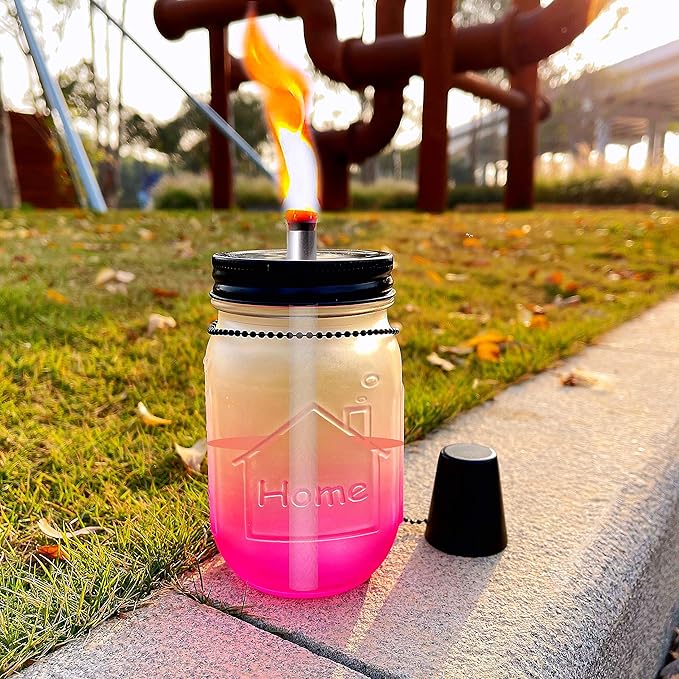 Mason Jar Tabletop Torches Kits,6 Pack Regular Mouth Lids with Protective Tube,Long Life Fiberglass Wicks and Caps,Outdoor Oil Lamp Lights for Patio Garden Camping Decor(Black)