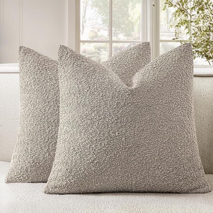 Woaboy Pack of 2 20x20 Inch Decorative Boucle Throw Pillow Covers Textured Square Pillowcaes Accent Solid Cozy Soft Cushion Covers Home Decor for Sofa Couch Living Room Home Decor,Light Taupe